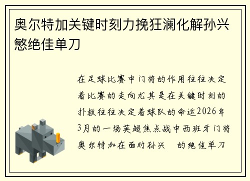 奥尔特加关键时刻力挽狂澜化解孙兴慜绝佳单刀 奥尔特加关键时刻力挽狂澜化解孙兴慜绝佳单刀